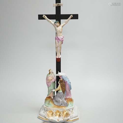 19th century Belgium Bisque Crucifixion water stoop, 38cm hi...