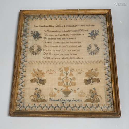 A mid 19th century framed sampler worked by Hannah Clarice, ...