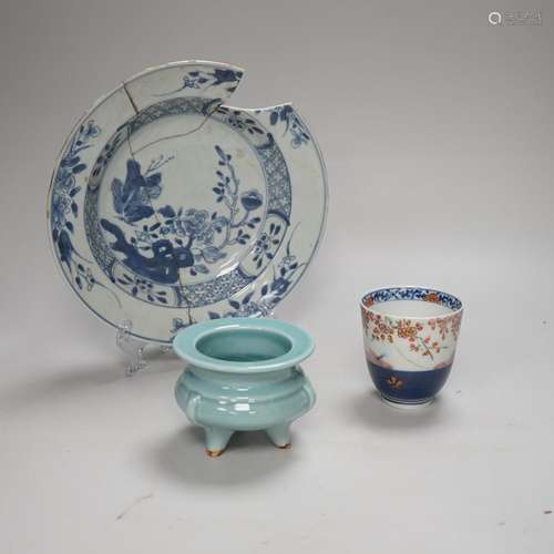 An 18th century Chinese export blue and white dish, celadon ...