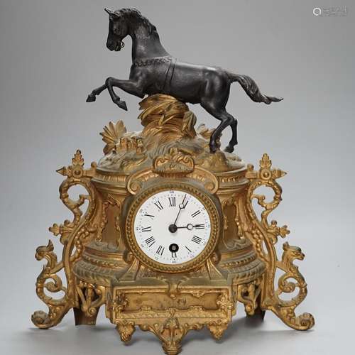 A late 19th century French gilt metal horse mounted clock, 3...