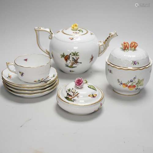 A Herend handpainted pot and cover, a cup and four saucers a...