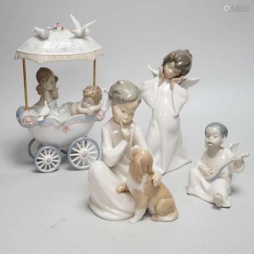 A large Lladro figure of children in a pram, seven models of...