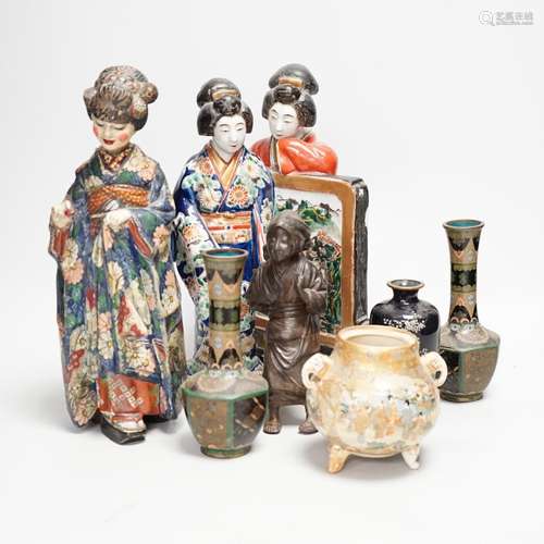 A collection of Japanese figures and three cloisonne enamel ...