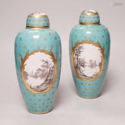 A pair of late 19th century Sevres style turquoise ground va...