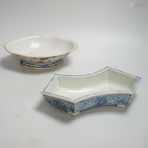 A 19th century Chinese blue and white ingot shaped dish and ...