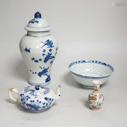 Chinese blue and white ceramics and a miniature famille rose...