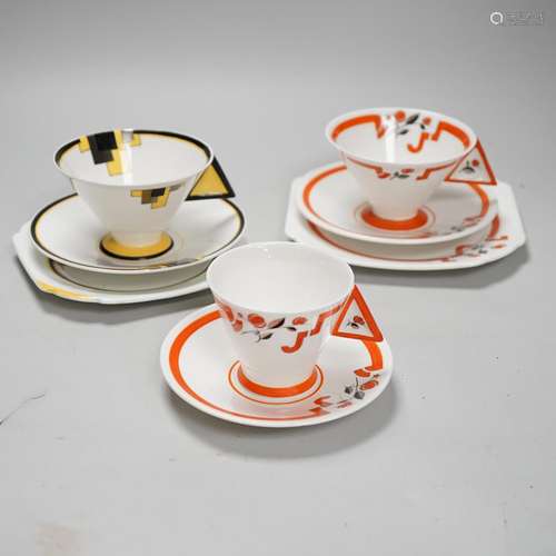 Two Art Deco Shelley Vogue shaped handled trios and a cup an...