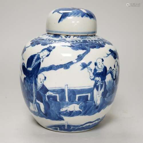 A 19th century Chinese blue and white jar and cover, hand pa...