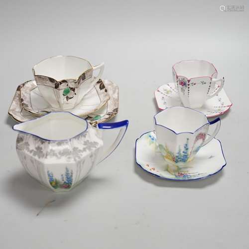 Seven Shelley Art Deco cups and saucers, three trios and a m...