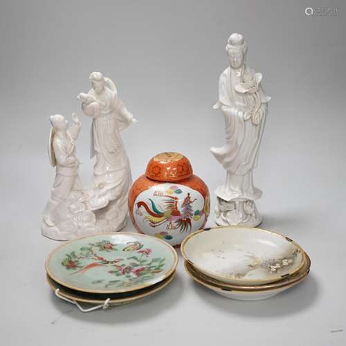 Three Chinese blanc de chine figures, two famille vert plate...