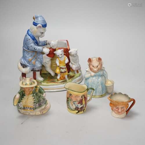 A collection of Royal Doulton figures and five character mug...