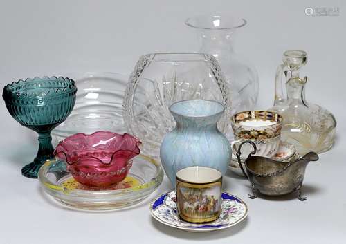 A boxed Tiffany glassvase other glassware and porcelain tea ...