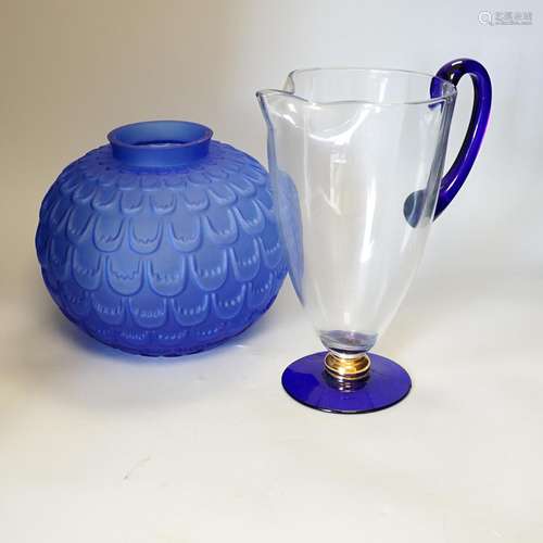 A frosted vase on stand (af) together with Haviland coloured...