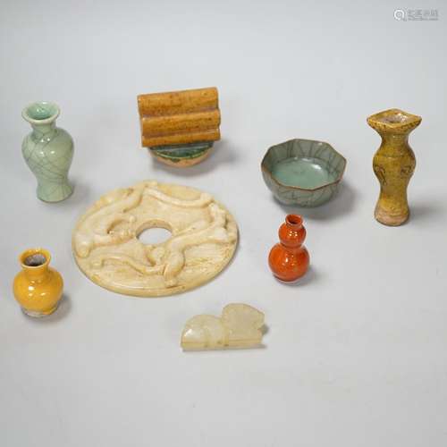 A group of Chinese small ceramics and a hardstone bi disc- 1...