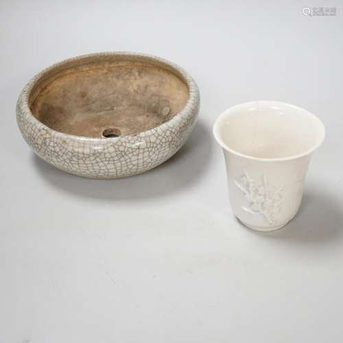 A Chinese crackleware bowl and a blanc de chine cup, bowl 14...