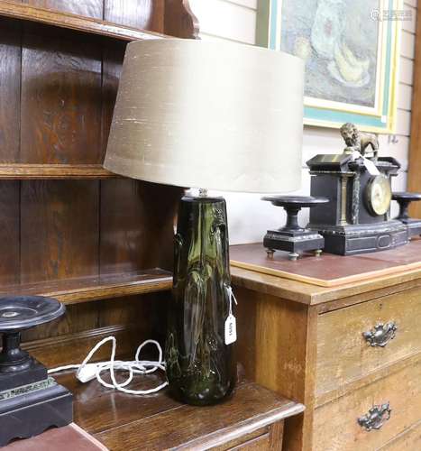 A pair of Whitefriars type green glass table lamps, 39cm hig...