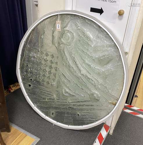 A large circular moulded abstract glass panel, diameter 94cm