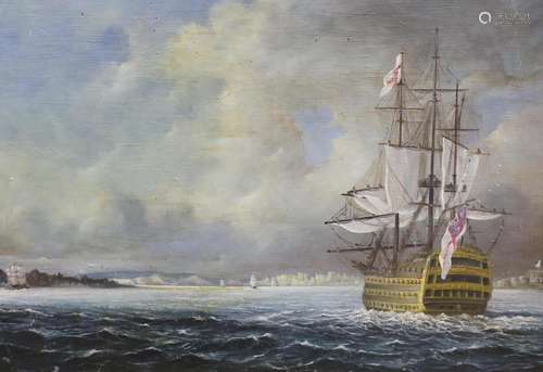 Maritime interest, oil on canvas, British Naval ship at sea,...