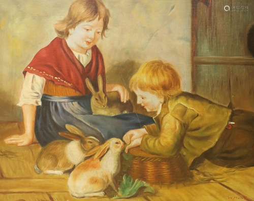 W.Hunt, oil on board, children with rabbits in an interior, ...