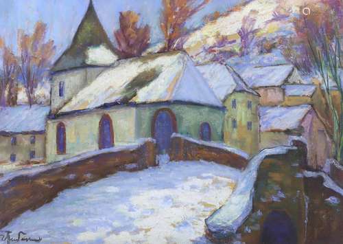 Continental School, heightened pastel and mixed media, Snowy...