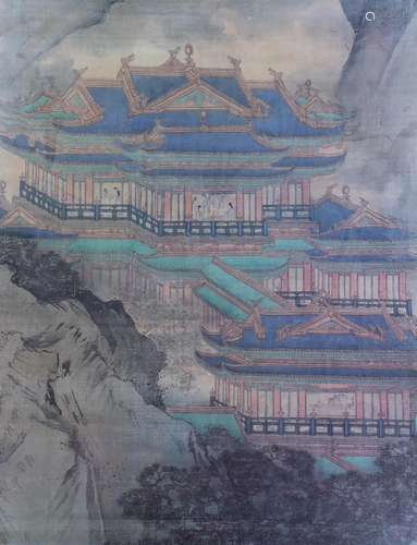 A Chinese colour print of figures and pagodas, 77 x 60cm