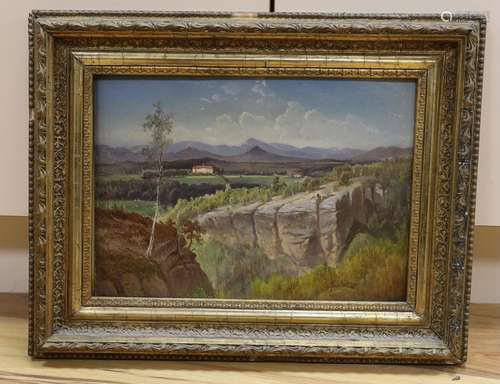 Oil on board, Mountainous rural landscape, 36 x 26cm, ornate...