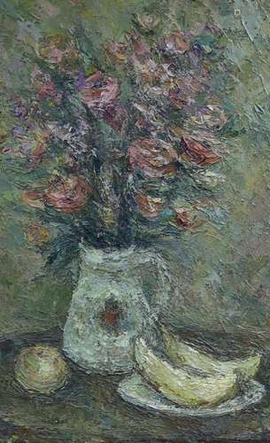 Russian School, impasto oil on canvas, Still life of flowers...