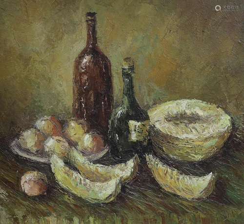 Russian School, oil on canvas, Still life of wine bottles an...