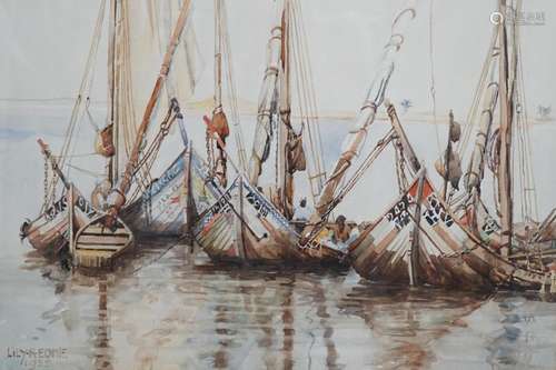 Lily R Ednie (b.1876) watercolour, fishing boats at anchor, ...