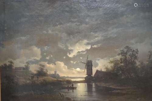 German School, oil on canvas, moonlit river landscape with w...