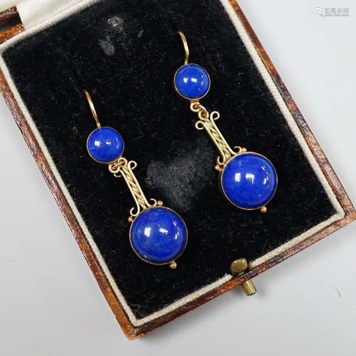 A pair of Victorian style gold and lapis lazuli drop earring...