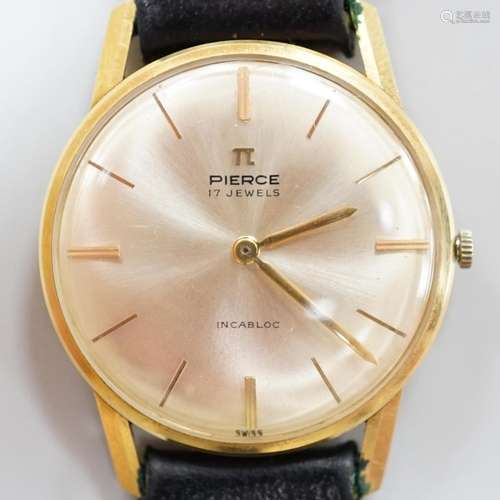 A gentlemans 18K Pierce Incabloc wrist watch, number 12175, ...