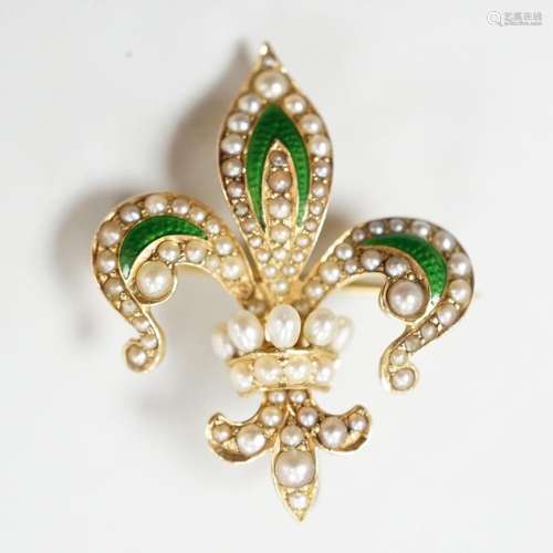 An early 20th century enamelled and pearl set gold fleur de ...