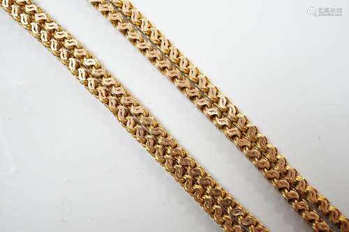 A late Victorian 9ct gold fancy link guard chain, overall 80...