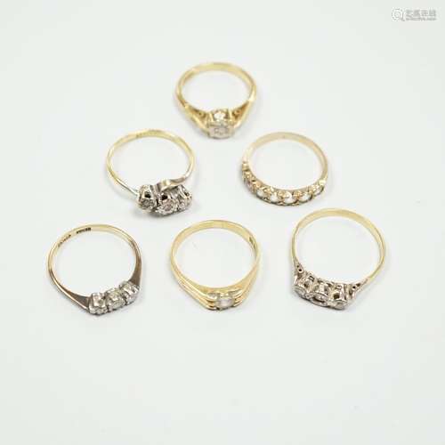 Six assorted gold dress rings, comprising an 18ct gold and p...