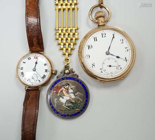 A George V gentlemans 9ct gold wrist watch, diameter 3cm, a ...