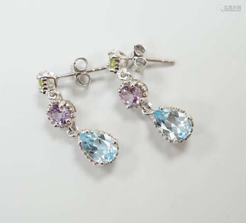 A pair of silver gem set drop earrings, 2.75cm