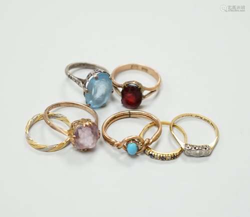 Seven assorted dress rings, comprising an 18ct gold three st...