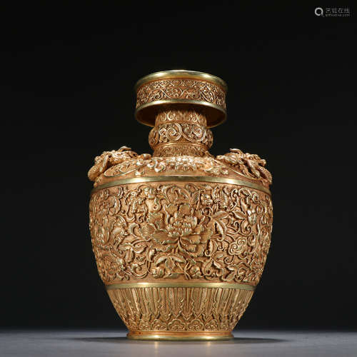 铜鎏金花卉纹龙耳瓶