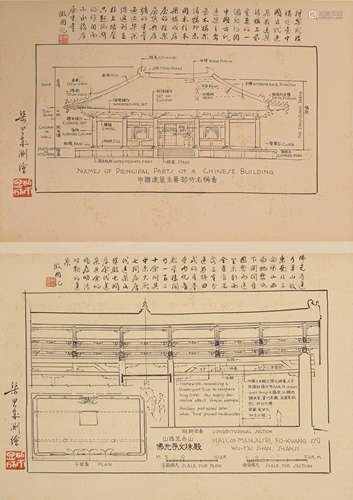 梁思成 建筑图纸 纸本水墨镜片