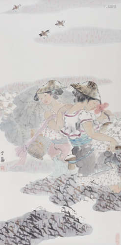 宫丽(b.1965) 荷花少女  设色纸本 镜心