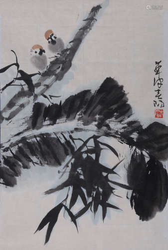 霍春阳(b.1946) 芭蕉双雀  设色纸本 镜心