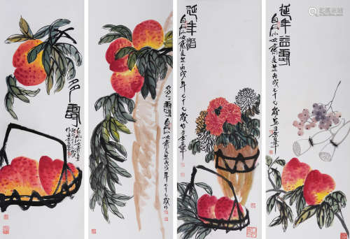 齐良芷(1931-2010)  多寿四屏 2006年作 设色纸本  立轴