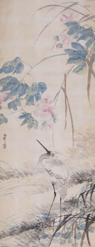 王师子(1885-1950) 芙蓉白鹭  设色纸本 立轴