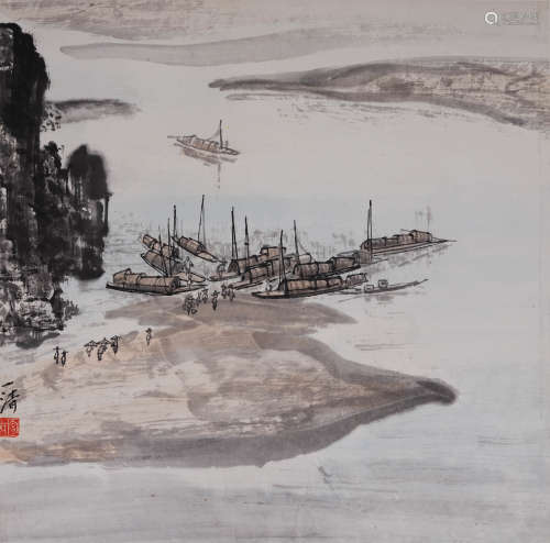陶一清(1914-1986) 渔港  设色纸本 立轴