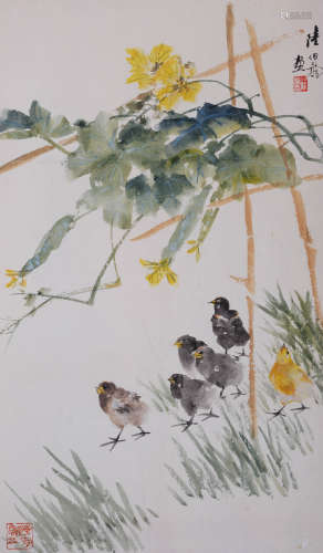 陆伯龙(1897-1989) 丝瓜雏鸡  设色纸本 立轴