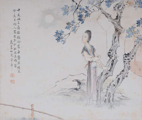 曹华(1847-1913) 月下赏桂  设色纸本 立轴