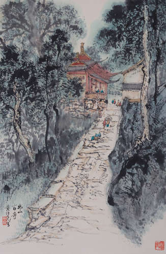 黄纯尧(1925-2007) 幽山古寺图 设色纸本 立轴
