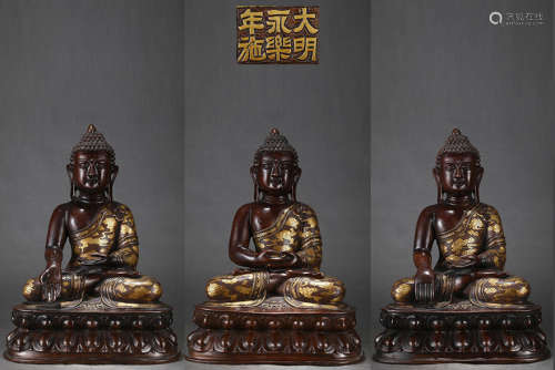 旧藏大明永乐款精铸紫铜胎鎏金三世佛坐像一组