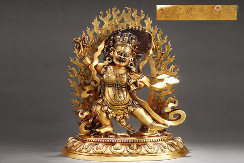 旧藏大明永乐款精铸紫铜胎鎏金二臂玛哈嘎拉立像